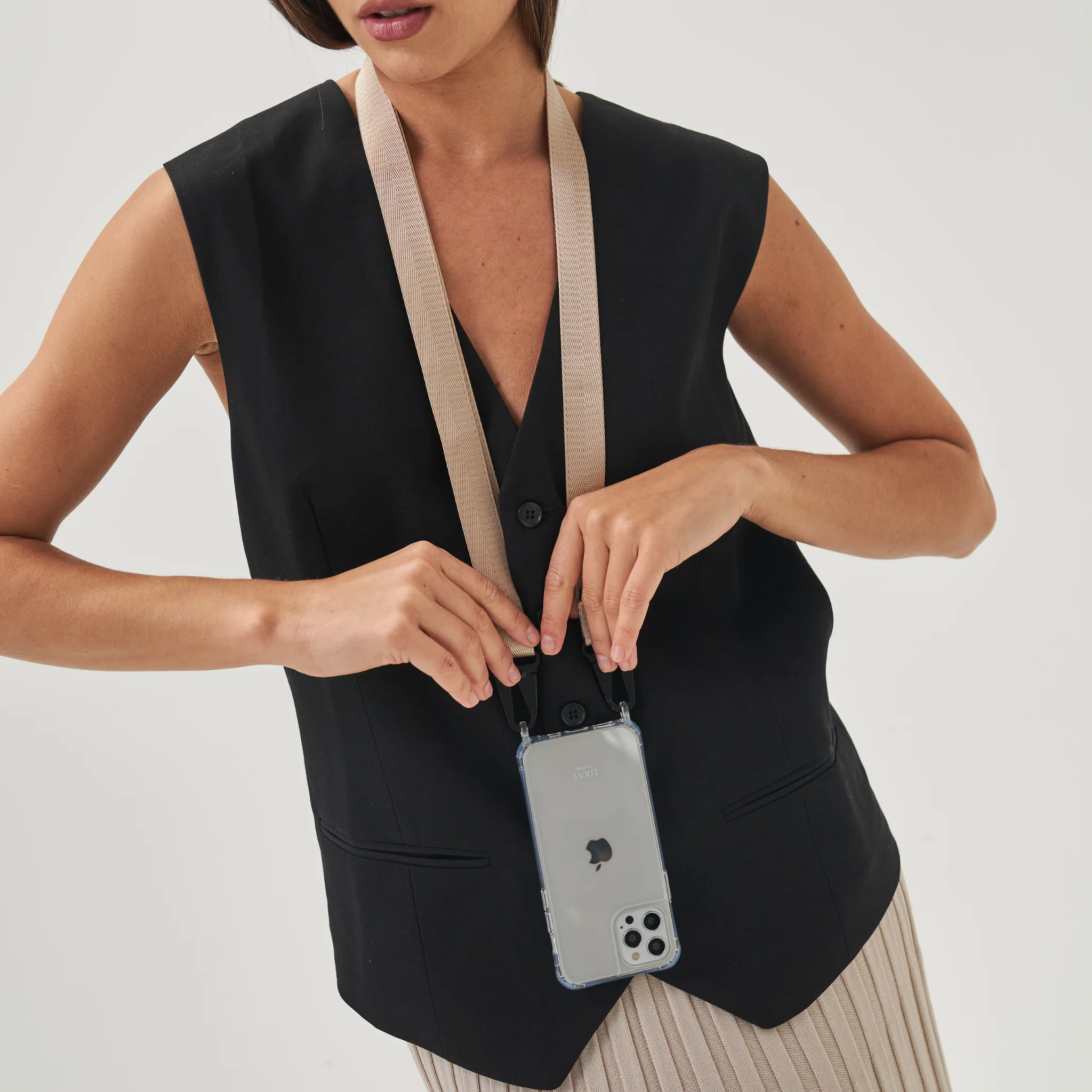 Clear Phone Case + Latte Crossbody Lanyard - Image 3