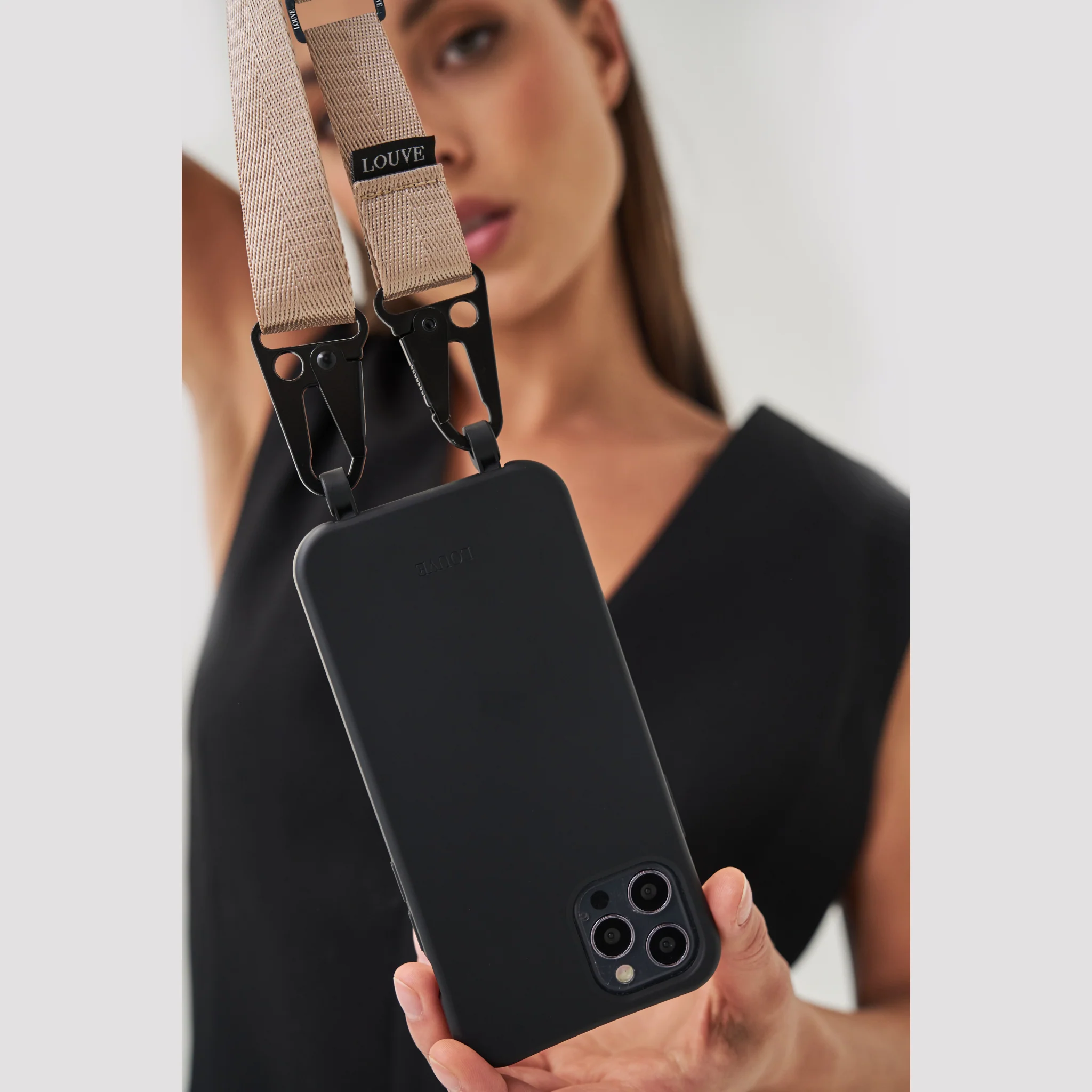 Black Phone Case + Latte Crossbody Lanyard - Image 3